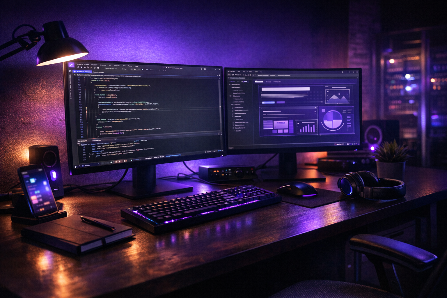 Purple-lit workstation showing web development and digital workflow design