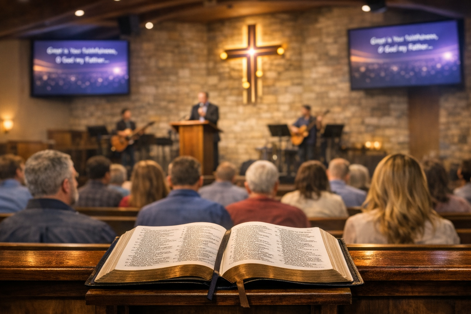 Church service with Scripture, worship, and digital presentation screens