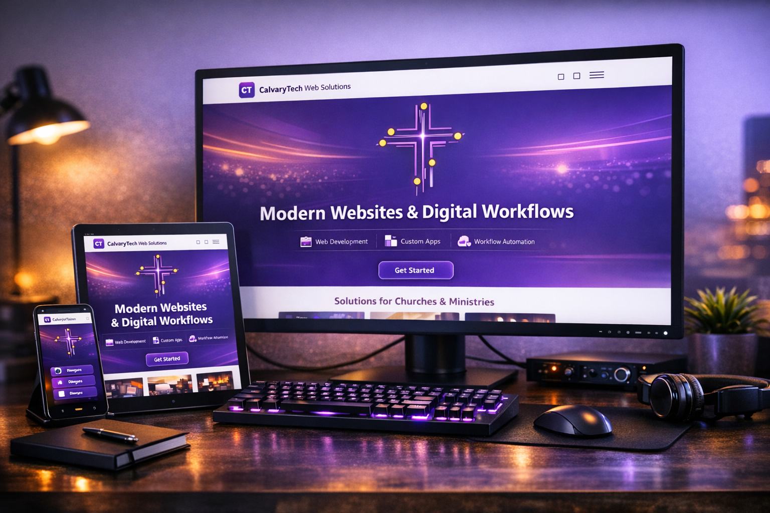 Close-up of code and purple-lit workstation equipment